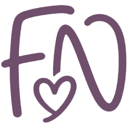 The Farewell Notes monogram — a hand-drawn F and N in plum, with a small heart between them