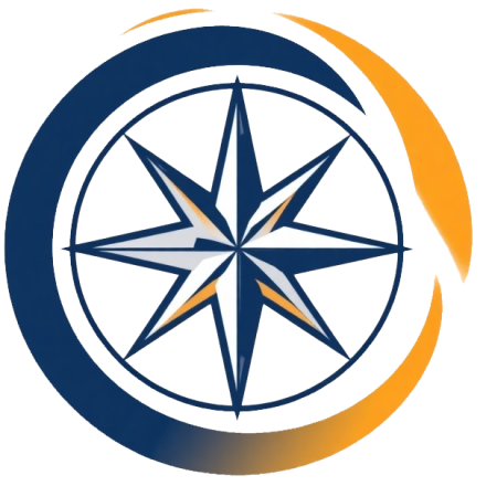 The Quartermaster Foundation compass rose — a navy eight-point star inside a navy ring, with a gold arc sweeping around it