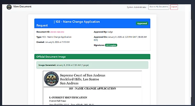 The San Andreas Portal document viewer showing an approved Name Change Application from the Supreme Court of San Andreas